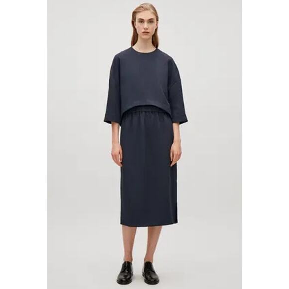 COS Layered Shift Dress Twill 3/4 Sleeve Midi Sheath, Navy Blue - Picture 1 of 12